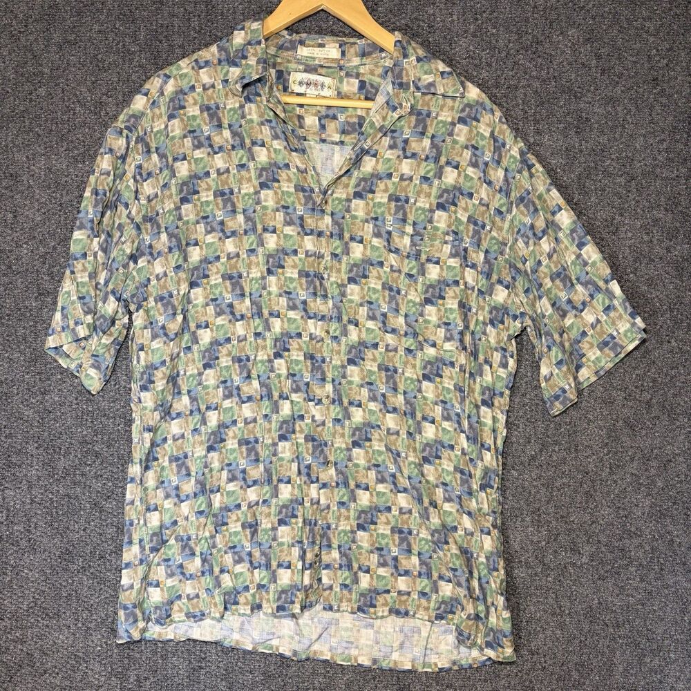 Campia Moda L Rayon Shirt Geometric Squares Mosaic Print Button Down Vintage